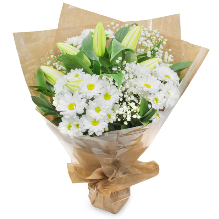 An elegant, upright hand-tied bouquet captured against a pure white backdrop, composed in tones of white and deep green that feel familiar to anyone who walks the streets of Clerkenwell. The arrangement centres on bunches of pristine, daisy-like white chrysanthemums whose petals fan outward from small yellow centres, creating a bright, approachable face to the bouquet. Threaded through these are elongated lily buds in a pale green-yellow, some showing subtle striping; their closed forms introduce a sense of poised expectation, suggesting the bouquet will evolve over days. Fine sprays of baby's breath (Gypsophila) are woven throughout, their tiny blossoms forming a misty counterpoint to the more structured chrysanthemum heads.
Rich, glossy foliage frames the blooms, the deep greens intensifying the whites and lending structure to the overall silhouette. The flowers are gathered by hand and wrapped in an inner layer of natural crinkled brown kraft paper that gives a rustic, market-bought charm, then protected with a clear, glossy cellophane outer wrap that lets the textures and tones show while shielding the stems. The base is neatly gathered and tied, forming a comfortable hand-hold for delivery or carrying from a shop near Exmouth Market or St John's Gate.
Prepared by Clerkenwell Flowers with a shopkeeper's care, the bouquet carries a soft, clean fragrance-green and slightly sweet-evoking damp pavements after rain. It is suited to many occasions: a thoughtful sympathy gift, a serene get-well gesture, or a simple token of appreciation, each stem placed with the considered restraint of a local florist who knows how to balance form, scent, and sentiment.
