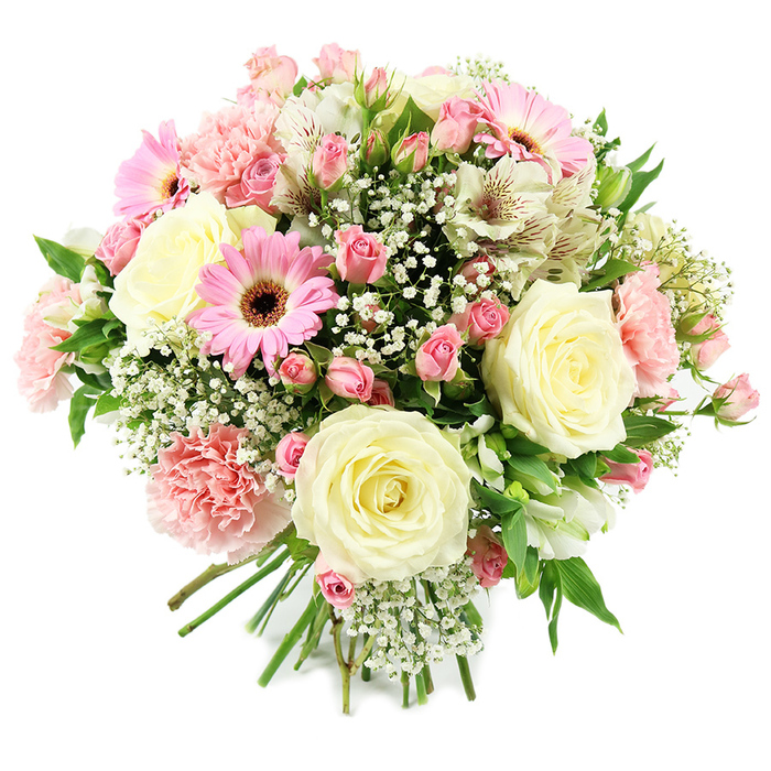 Captured against a bright, uncluttered white background, this handcrafted bouquet appears full and rounded, each bloom thoughtfully placed to create a sense of harmony and softness. At its core sit several prominent cream-coloured roses, fully opened so their many petals form romantic, symmetrical rosettes, becoming natural focal points within the design. Woven between them are sprays of pink miniature roses, some tightly closed and others partially open, their smaller scale lending depth and gentle variation in tone that draws the eye around the arrangement. A handful of vivid pink gerbera daisies punctuate the pastel palette with a cheerful burst, their wide, ray-like petals and darker brown centres standing out clearly, like little suns scattered among clouds. Pale pink carnations with frilled, layered petals expand the bouquet's volume and introduce a soft, tactile quality, similar to the feel of brushed fabric. White alstroemeria add a refined touch, their narrow petals etched with fine reddish-brown streaks that recall the delicate detailing of an artist's brush. Throughout the bouquet, clusters of tiny white gypsophila blossoms form an airy halo, giving the whole arrangement a light, celebratory atmosphere, much like the relaxed weekend buzz around Clerkenwell Green. Fresh green foliage frames the flowers from within, peeking out just enough to provide contrast and a sense of natural movement. The stems are gathered and secured at the base in a clean, professional finish, ready to be presented as a thoughtful gift. The bouquet carries an overall feeling of joy, tenderness, and understated elegance, perfect for birthdays, anniversaries, Mother's Day, or simply sending a warm message of appreciation to someone in Clerkenwell or nearby Holborn.