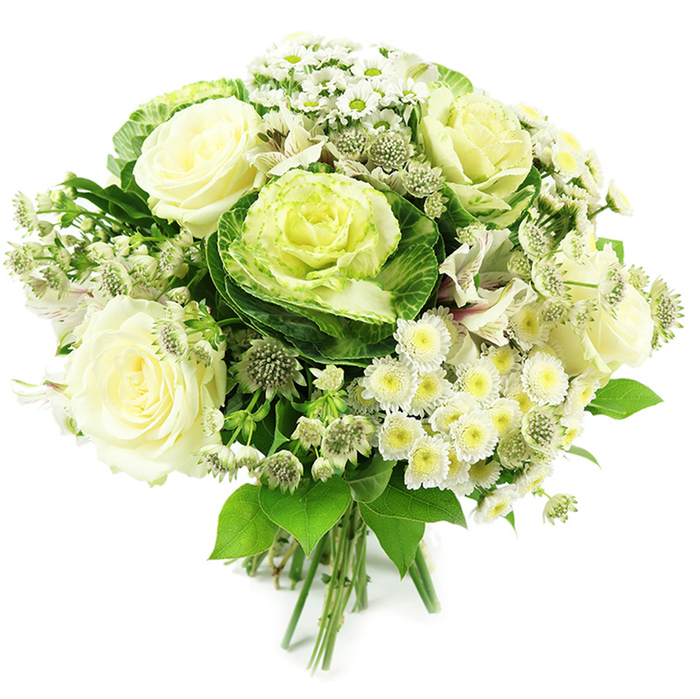 This photograph shows a luxurious white and green hand-tied bouquet, presented against a brilliant white background that enhances every subtle shade and texture. At its core, large creamy white roses are fully bloomed, their soft, layered petals unfolding in generous spirals that speak of timeless romance and calm. Nestled among them are distinctive ornamental kale heads, also known as flowering cabbage, giving the design its modern edge: dark green outer leaves embrace ruffled centres in soft lime and yellow-green, adding a bold, textural counterpoint to the smoothness of the rose petals. Dotted throughout the arrangement, tiny white spray chrysanthemums and daisy-like flowers form airy clusters, each small head filled with fine petals surrounding yellow-green centres, lending a cheerful brightness that lightens the overall look. Slender stems of astrantia push through the composition, bearing small star-shaped flowers in greenish white that introduce a delicate, almost woodland feel, as though the bouquet could have been gathered from a secluded garden off Clerkenwell Road. Finer white blooms, likely alstroemeria with faint striping, are woven between the larger flowers, adding quiet detail and depth. Surrounding all of this is an abundance of fresh green foliage, from broad, glossy leaves to more narrow, tapering forms that arc gently around the cluster of blooms, creating a rounded, harmonious silhouette. The stems are carefully gathered at the base and tied, clearly revealing the craftsmanship behind a hand-tied bouquet ready to be slipped into a favourite vase in a loft near St John's Square. The overall mood is sophisticated yet natural, ideal for wedding celebrations, anniversary surprises, or thoughtful condolences delivered across Clerkenwell by local florists who value freshness and balance in every stem.