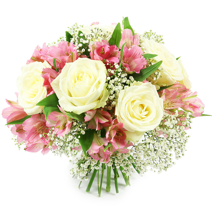 A carefully composed bouquet of creamy white roses, pink alstroemeria, and airy white baby's breath is photographed against a plain white backdrop, drawing all attention to the flowers themselves. Several full-headed white roses form the main focal points, each rose densely packed with layered petals that curl outward from a soft, pale yellow centre into a more ivory outer edge, creating a classic and luxurious look. Interlaced with the roses are numerous stems of pink alstroemeria, their multiple small, trumpet-like blooms opening in clusters. The petals shift from lighter blush pink on the outer edges to richer fuchsia tones closer to the throat, with fine maroon streaks and speckles that lend a painterly quality. Wisps of white gypsophila are threaded throughout the bouquet, their miniature blossoms gathered on fine, branching stems that add a misty, romantic texture around the more substantial flowers. Darker green foliage frames and supports the blooms, with a few leaves arcing gently outwards, emphasizing the bouquet's rounded, balanced silhouette. The stems are visible at the base, neatly aligned and bound, suggesting a freshly made hand-tied arrangement that could have just been finished in a Clerkenwell Flowers studio near Leather Lane Market. The lighting is bright and even, with no harsh shadows, allowing every nuance of colour and texture to be clearly seen, as though the bouquet has just been set down in a light-filled apartment close to Clerkenwell Road. The overall mood is tender yet uplifting, ideal for celebrating a birthday brunch, offering congratulations on a new job near Farringdon, or expressing love and gratitude to someone special in the heart of EC1.