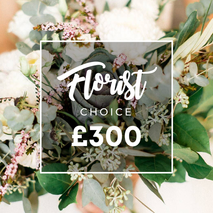 An elegant, generous arrangement sits in a softly lit scene, white and cream blooms-roses, ranunculus, or gardenias-forming a cloud of petals that feels both luxurious and approachable. They are nestled among delicate pale pink spray flowers, like waxflower or heather, and framed by a chorus of greens: slender olive branches, classic silvery eucalyptus leaves, and other leafy stems dotted with tiny white berries. A crisp white rectangular frame overlays the center, its corners subtly rounded, holding two lines of text: Florist in a handwritten script and CHOICE in a strong uppercase sans-serif, with the price ?300 beneath in large, bold type. The overall look is natural, with a rustic-chic vibe suggesting a premium bespoke service for weddings or high-end gifts. The colours-cream, ivory, faint pink, and muted greens-evoke soft mornings and refined celebrations. This image conveys a sense of artistry and assured quality, with a bouquet thoughtfully composed to travel well for same-day delivery across Clerkenwell's neighbourhoods near Exmouth Market, Farringdon, and Rosebery Avenue. It invites the viewer to imagine the moment of arrival, an effortlessly stylish statement delivered with care by a local florist.