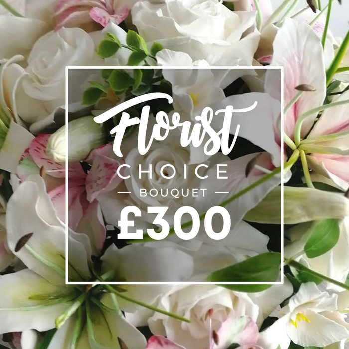 Luxuriously dense, this Florist Choice Bouquet fills the frame with a refined harmony of white roses, white lilies, and soft pink accents, all set off by fresh green foliage. The roses, numerous and full, unfurl their petals with a velvet-y softness, while the lilies stand tall with a pristine architecture, the inner pink shading giving them a delicate blush. Sprigs of pale pink blooms and clusters of eucalyptus-like leaves add texture, depth, and a sense of garden air. The arrangement reads as a thoughtful studio-crafted composition, a testament to patient artistry and the hand-tied craft of a master florist. In the middle, a white rectangular overlay with a thin border presents the branding: 'Florist' in a graceful script, 'CHOICE BOUQUET' in a modern uppercase sans-serif, and beneath, the price '?300' in bold white type. The lines separating the words are understated, enhancing the image's elegant feel.

This Clerkenwell-made bouquet evokes a premium feel, suited to grand occasions or to convey quiet sympathy. The scene suggests a product designed for delivery rather than display alone, with care taken to ensure the bouquet remains fresh and vibrant on arrival. For readers seeking a feature on luxury flower delivery, this image is a perfect example of how composition, typography, and color work together to tell a story of quality. The caregiver's touch travels with every stem, promising both beauty and reliability for customers across Clerkenwell, Farringdon, and surrounding districts.