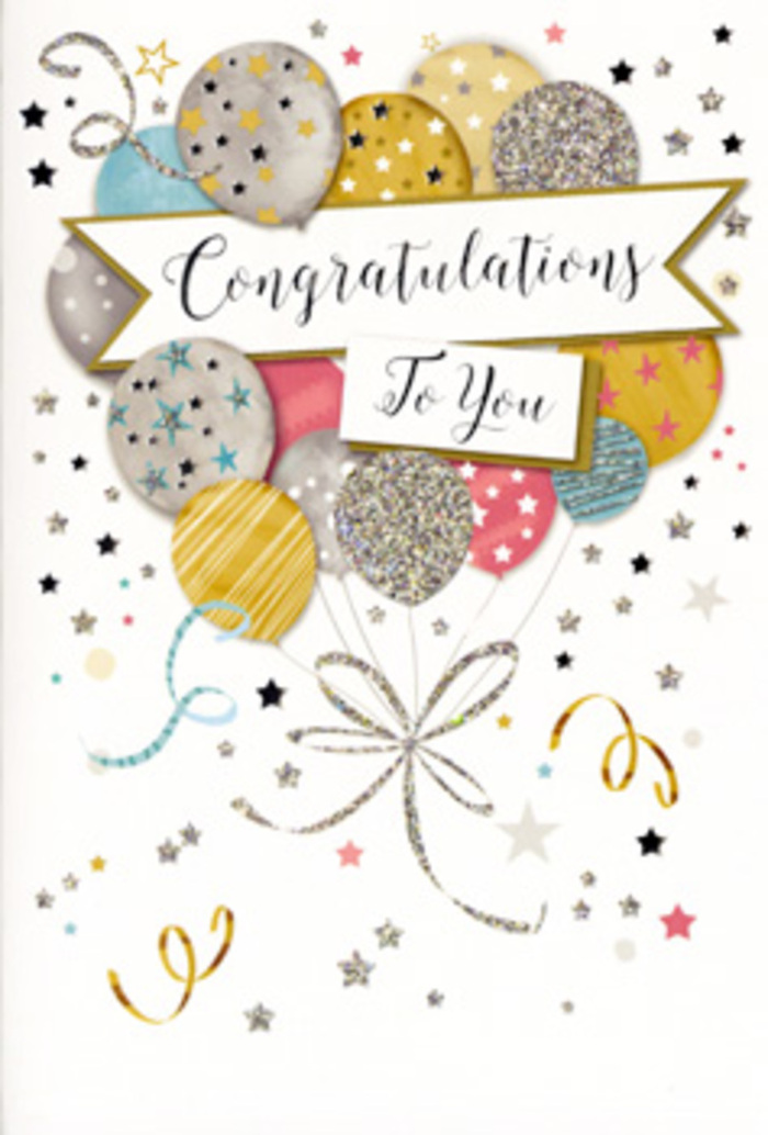 This congratulations card looks like a still-life of a party just beginning, its colours and details quietly echoing the cheerful bustle of Clerkenwell's cafés and creative studios. A loose bouquet of illustrated balloons floats in the centre, rounded and full, each balloon carefully painted in soft, luminous shades of gold, silver, champagne, sky blue, blush pink, and gentle grey. Some are decorated with fine metallic stripes, others with scattered tiny stars or subtle glittery specks, giving the impression of texture you could almost feel if you ran your finger across the surface. The balloons overlap in soft layers, suggesting depth and movement, as though they are gradually rising into a pale, airy sky. Slender ribbons in shimmering gold and silver twist gracefully down from each balloon, their curls and loops echoing the graceful curves of ironwork balconies and old shop signs along St John Street. Around them, the background is alive with delicate metallic stars, tiny dots, and swirling ribbons that mimic the carefree clutter of confetti falling onto a table after toasts have been made. A banner sweeps horizontally across the centre, carrying the word 'Congratulations' in a beautifully scripted font, the letters slightly ornate yet easy to read, with a gentle curve that makes the message feel as if it is floating. The overall mood is polished but heartfelt, ideal for pairing with a fresh bouquet to mark a new job, a completed degree, or any accomplishment that deserves quiet admiration. Crafted with the same thoughtfulness we bring to arrangements at Clerkenwell Flowers, this card design radiates warm pride and a sense of occasion, perfect for deliveries across Clerkenwell, Farringdon, and nearby Holborn.