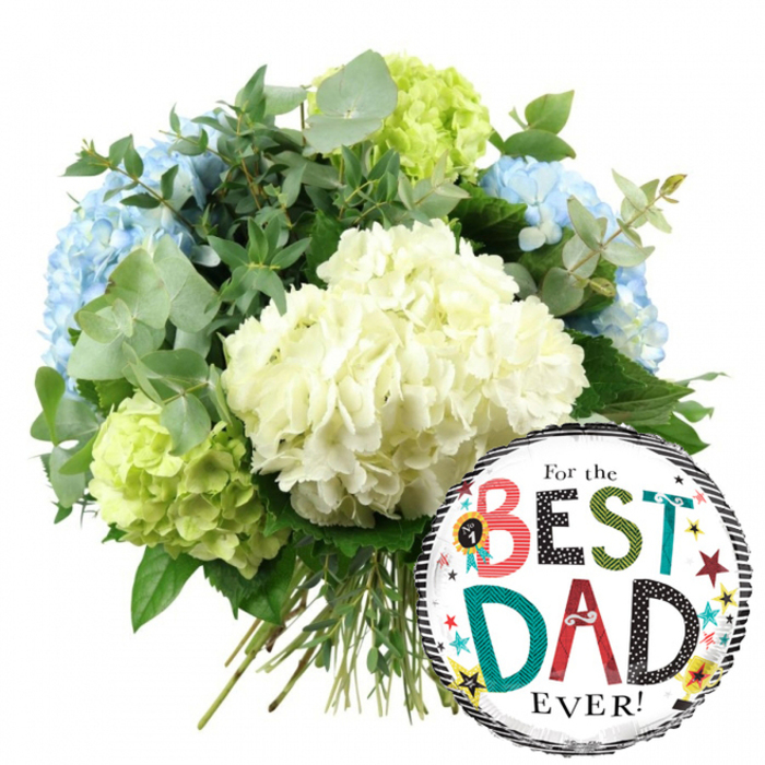 This image presents a celebratory Father's Day arrangement styled with the understated elegance typical of Clerkenwell florists, set crisply against a pure white background. The focal point is a large, rounded bouquet of hydrangeas positioned in the upper left and central part of the frame. At its heart are creamy white hydrangea heads, full and spherical, formed by countless tiny petals that create a plush, almost quilted texture. Around these sit soft blue hydrangeas that introduce a cool, tranquil tone, like the soft haze over nearby Exmouth Market on a calm morning. Nestled between and around them are vivid lime green hydrangeas, especially noticeable toward the bottom left and top right, adding a refreshing, contemporary pop of colour that keeps the design lively. Sprigs of silvery eucalyptus and darker green foliage weave through the blooms, their rounded leaves and slender stems giving the arrangement depth, structure, and a gentle sense of movement. The gathered stems are visible at the base, straight and clean, clearly tied to show this is a freshly hand-crafted bouquet ready for delivery across Clerkenwell. In the lower right, partially overlapping the flowers, a shiny round foil balloon adds a fun, graphic contrast. The balloon has a bright white centre bordered by neat black-and-white stripes, and boldly announces For the BEST DAD EVER! in a mix of fonts. The words BEST and DAD stand out with patterned red, green, teal, and polka-dotted letters, accompanied by a small No. 1 rosette symbol and a scattering of colourful stars and dots across the surface. Together, the cool hydrangea palette and the vibrant balloon design create an image that radiates appreciation, perfectly suited to celebrating a special dad in and around Clerkenwell.
