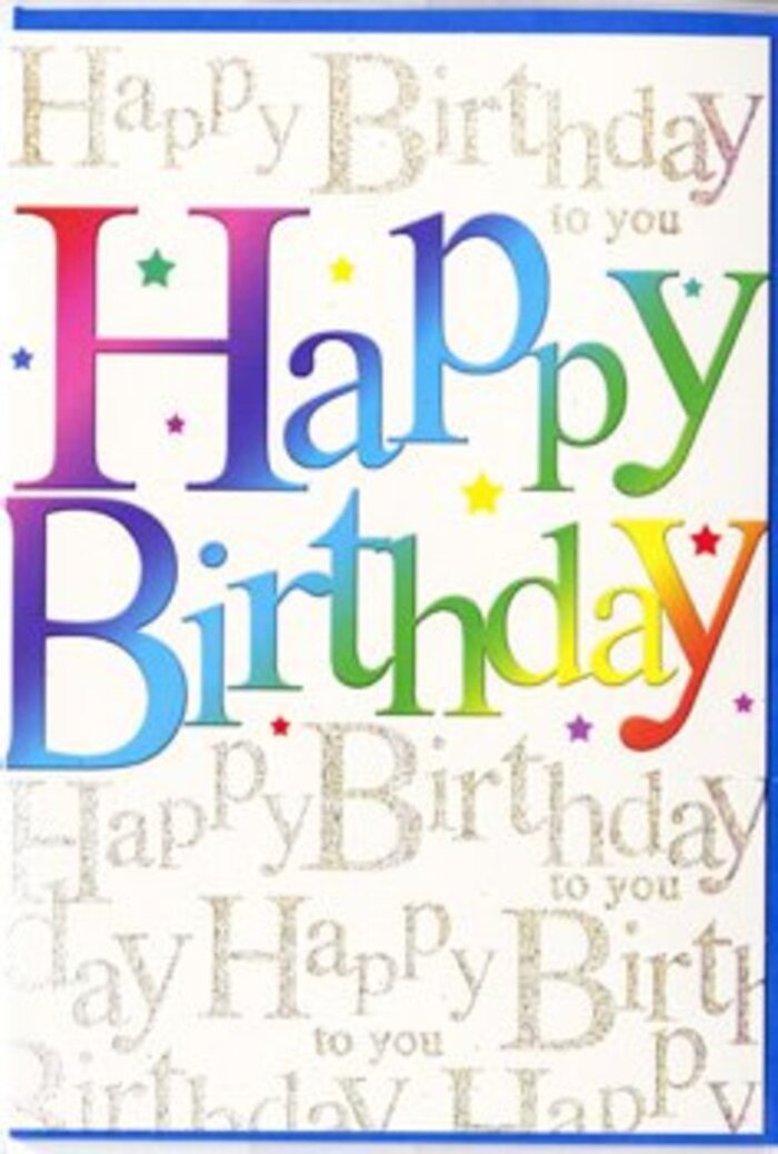 The birthday card in this image appears like a mini celebration laid out on a single panel, the kind of card you might choose from a curated selection in a Clerkenwell design-led florist. Dominating the centre is the phrase Happy Birthday, spelled out in generous, friendly letters that seem to float slightly above the surface. Each letter wears its own shade, moving gracefully through the rainbow-from bold crimson to coral, apricot, lemon, grassy green, sea blue, and violet-evoking the cheerful mix of colours you see along Exmouth Market on a sunny afternoon. The edges of each hue soften into the next, giving a gentle ombré effect that feels both contemporary and playful. Beneath and around this headline, the background is alive with faint, repeating lines of handwriting-style gold foil that spell out Happy Birthday to you in looping script. This metallic layer glints subtly, like candle flames reflected in a window after dark on St John's Square, adding a sense of occasion without overwhelming the main message. The surface looks smooth and slightly glossy, while the raised foil and bold text would give a pleasing texture beneath your fingertips. Small dots and flecks of colour sit lightly around the wording, like the last pieces of confetti left on a party table. The overall design manages to be both exuberant and refined, ideal for sending heartfelt birthday wishes across Clerkenwell or further afield, and for making the person who receives it feel truly celebrated from the moment they open the envelope.