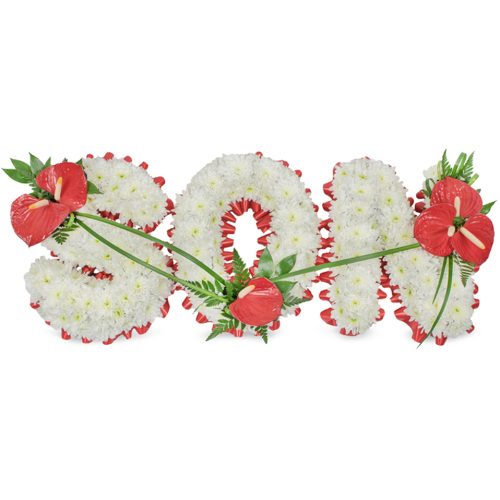 This photograph captures a beautifully crafted floral funeral tribute spelling out the word SON in bold uppercase letters, displayed against a pure white background that allows every nuance of colour and texture to be clearly seen. Each letter is constructed from a dense bed of white chrysanthemums, their small, rounded petals overlapping to create a soft, cushion-like surface that feels both gentle and protective. The massed white blooms give the arrangement a sense of purity and quiet strength, ideal for a final farewell. Running around the outline of each letter, and framing the inner shapes such as the hollow centre of the 'O', is a rich red satin ribbon. The ribbon is folded into a subtle scalloped edge, offering a refined border that defines every curve and corner while adding a handcrafted, tailored finish. Vivid red anthuriums, with their polished, heart-shaped spathes and prominent spadices, are positioned in three key areas to guide the eye. On the upper left of the 'S', a substantial cluster combines several anthuriums with dark green leaves. A single red anthurium nestles in the lower sweep of the 'O', like a quiet heartbeat, and a fuller grouping on the upper right of the 'N' is surrounded by lush ferns and broad foliage, adding depth, movement, and a touch of natural wildness. Slim green leaves and stems cross gently over the letters, visually linking the clusters and softening the structure. The tribute feels as though it has been thoughtfully arranged by an experienced local florist serving Clerkenwell families, intended to rest beside a coffin or at a memorial service, and to speak of love, pride, and enduring connection to a cherished son.