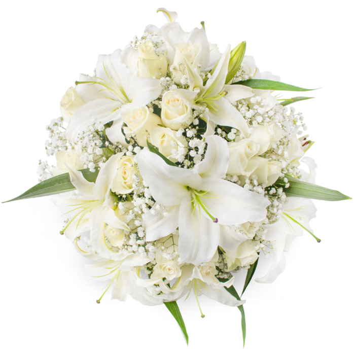 A carefully constructed top-down composition shows a round bouquet composed chiefly of pure white blooms and delicate creams: prominent white lilies with broad, trumpet-like petals and pale green stamens anchor the arrangement, their open faces offering a dramatic focal point, while numerous cream and ivory roses - mostly in tight bud and half-bloom - create a soft, clustered underlayer with plush, velvety petals. Sprays of Baby's Breath (Gypsophila) are artfully interspersed, their petite white sparks forming a cloud-like matrix that cushions every larger flower and introduces a frothy, intricate texture. Small vivid green leaves peek from the bouquet's edges, supplying a natural contrast that sharpens the circular silhouette and keeps the look fresh. The lighting is soft and even, lending the whites warmth and a hint of cream depth; there is a quiet suggestion of fragrance, a gentle mingling of sweet rose and the cleaner, greener note of lilies. Crafted with the calm precision of a long-practised hand, this bouquet is equally suited to a bride crossing Charterhouse Square, a refined centerpiece for an intimate reception near Leather Lane, or a sincere gift to mark a life event. At Clerkenwell Flowers we often prepare this classic white composition for local customers who value timeless elegance and natural freshness, wrapped simply for safe delivery across the area and to neighbouring streets.