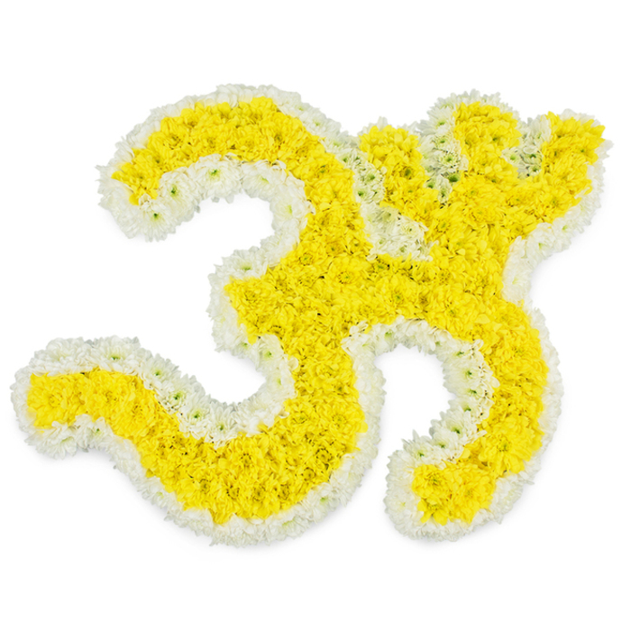 A large, meticulously composed floral arrangement presents the sacred Om symbol as a peaceful funeral tribute, laid out against an immaculate white background that allows every detail to stand out clearly. Thousands of tiny, tightly clustered yellow blossoms form the solid body of the Om, their petals overlapping to create a thick, almost velour-like texture that invites the fingertips in imagination. The yellow is rich and warm, echoing the auspicious tones found in traditional Hindu ceremonies, and likely made up of small chrysanthemums or marigold-style flowers commonly chosen for their longevity and brightness. Around this sunny core, a precise outline of pure white flowers draws the edges of each curve, loop, and tail, including the distinctive small circular accent at the top right of the symbol. The white border is even and consistent, neither too broad nor too narrow, giving the Om a polished, calligraphic quality that feels both artistic and devout. The lighting is clear and even, with no harsh shadows, suggesting a calm studio setting somewhere near Clerkenwell Green, where the florist has time and space to consider each placement. The overall mood is meditative and respectful, making the tribute well-suited to a cremation service, temple ceremony, or private farewell in the Clerkenwell and Barbican area. As a visual representation of the universal sound of creation, this floral Om blends spiritual meaning with the tenderness of fresh blooms, ready to be delivered by local hands to families seeking a culturally meaningful farewell for their loved one.