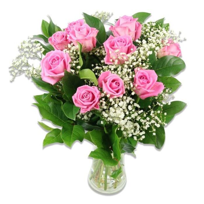 In this finely composed floral image, a rounded bouquet of approximately ten to twelve pink roses is arranged with deliberate care in a clear glass vase, positioned against a pure white background that strips away distraction and focuses attention entirely on the flowers. The roses themselves range from soft blush to medium, rosy pink, each bloom at a perfect stage of freshness, with petals that curl and layer in delicate spirals. Some roses are open enough to show their gentle centres, suggesting warmth and affection, while a few remain more bud-like, offering a sense of new beginnings that suits celebrations for a new baby in Clerkenwell. Interlaced among the roses are plentiful clusters of white baby's breath, or Gypsophila, whose countless tiny blossoms add an airy, cloud-like structure, evoking the lightness of a newborn's first days. The surrounding foliage is deep green and plentiful, with leaves that look smooth and slightly glossy, offering a rich backdrop that makes the pink and white colour palette feel vivid yet soothing. The vase is straightforward and transparent, partially filled with clear water and showcasing the gathered green stems, subtly conveying the professional touch and freshness typical of Clerkenwell Flowers. Clean, even lighting illuminates each petal and leaf without strong shadows, enhancing the sense of calm and purity. This bouquet appears perfectly suited for placing on a bedside table in a flat off Rosebery Avenue, on a windowsill overlooking Clerkenwell Road, or on a family dining table for a small gathering to welcome a baby, where its gentle colours and soft textures could quietly anchor the celebration.