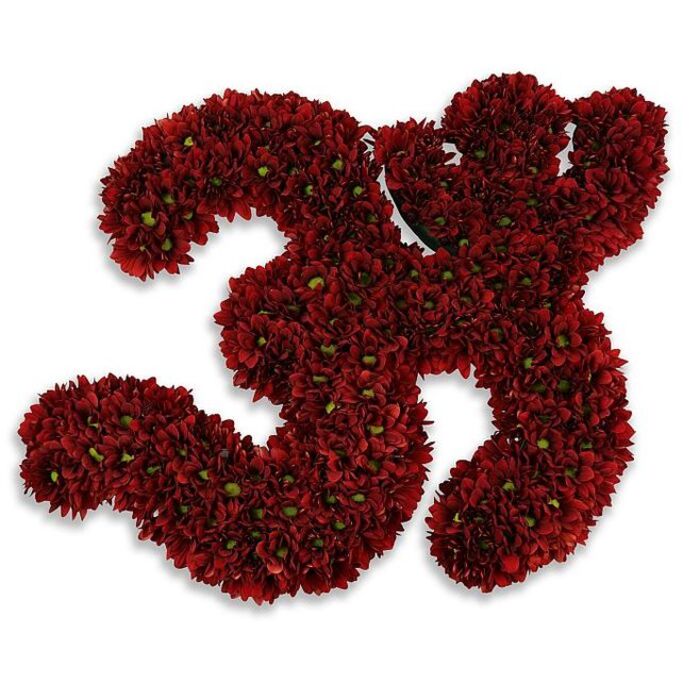 A striking, meticulously assembled floral number '33' emerges from a plush field of small, burgundy-red button chrysanthemums, each bloom so closely massed it creates a continuous, velvety surface reminiscent of a sculpted textile. The colour runs deep toward crimson and wine, with tiny green centres or flecks of foliage interspersed like sparkles that provide a fresh, organic counterpoint to the dark petals. The two numerals are formed with confident curves and compact edges, the individual flowers packed head-to-head to create a substantial, three-dimensional presence against an immaculate white background. A soft, diffused gray shadow beneath the arrangement suggests gentle elevation, giving the impression the numbers float slightly above the surface and inviting the viewer to walk around the work in imagination. This piece could mark any important '33' moment - a significant birthday, a commemorative anniversary, a team jersey, or a solemn memorial - and yet it retains an understated elegance rather than overt festivity. The scent is muted but comforting, the characteristic chrysanthemum earthiness lending the composition a grounded quality. As a local florist in Clerkenwell might note - and as crafted by Clerkenwell Flowers for clients who know the streets between Exmouth Market and Farringdon Road - the technique of dense button packing requires time, patience and precise staging to achieve that plush, uninterrupted face of colour. The result is at once celebratory and respectful, equalling both presence and restraint in equal measure.