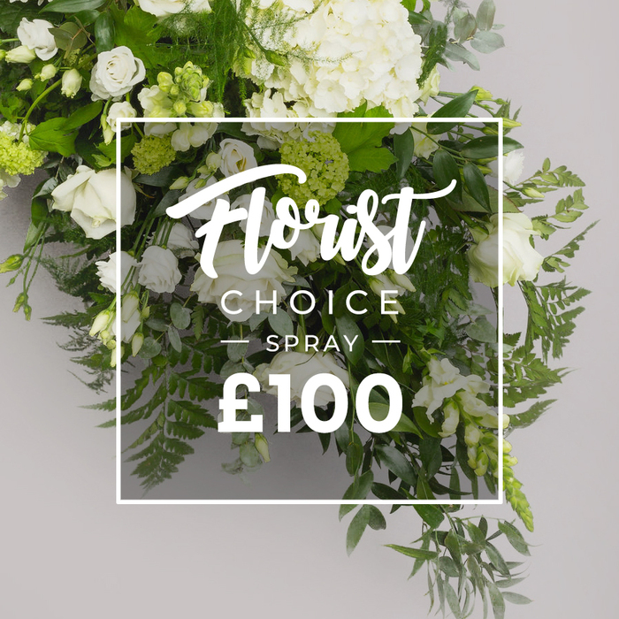 An abundant, white-dominated spray nests against a soft grey backdrop, a refined expression of Clerkenwell floristry. The top is crowned by generous clusters of soft white hydrangeas, their full, cloudlike heads lending volume and gentle texture to the arrangement. White roses appear in various stages of opening, from tight buds to fully unfurled blooms, interspersed with smaller white blooms that resemble lisianthus, adding a light, architectural note. The vibrant greenery provides depth: feathery ferns offer movement, rounded grey-green eucalyptus leaves supply a cool counterpoint, and deeper green leaves like ruscus anchor the silhouette. Centered and framed by a slim white rectangular border is the label Florist Choice, followed by SPRAY, both set in elegant typography. At the bottom, a bold price line communicates value for this premium spray. The overlay's translucent finish lets the foliage show through, a visual reminder of the arrangement's garden-born freshness. This image works as a product portrait for a premium Florist Choice Spray, ideal for sympathy tributes, sophisticated gifts, or refined home decor, with delivery across Clerkenwell and nearby EC1 locales such as Farringdon and Hatton Garden, illustrating the expertise of a local craftsman who understands how light, scent, and season converge in a white-and-green masterpiece.
