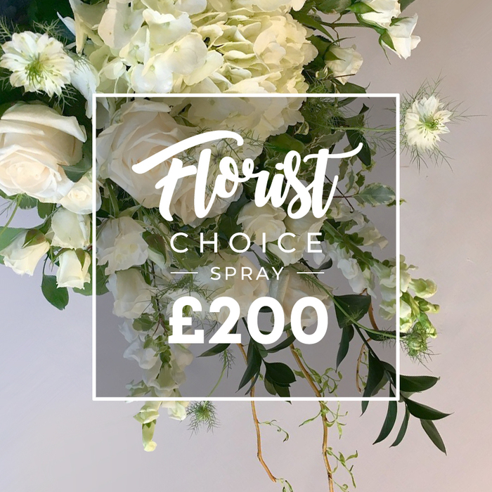 An opulent white-and-cream cascade with a garden-style drama sits as a statement piece. At its core lie large cream roses with petals unfurling, some fully open, others still in bud, set among generous swathes of soft white hydrangeas that lend cloudlike volume. Downward, slender white sweet peas or soft cascading blooms slip along the stems, their movement echoing a breeze through Clerkenwell's courtyards. Near the top and edges, Nigella Love-in-a-Mist peeks with its distinctive green calyxes and feathered foliage, adding architectural texture. Interspersed filler blooms, perhaps spray roses or small daisies, provide bright white accents, while varied greens-deep broad leaves, lighter variegated foliage, and curly tendrils-give depth and a garden-fresh vibe. The cascading form is anchored by rustic woody stems at the base, enhancing the design's natural, free-flowing fall. A clean white square overlay sits in the center, bearing 'Florist Choice' in an elegant script, 'SPRAY' in uppercase sans-serif, and the conspicuous '?200' to mark its premium price. The background is a soft, neutral tone that makes the whites seem almost luminous. Crafted in Clerkenwell by a dedicated team, this spray speaks of generous heart, refined taste, and a timeless elegance that suits ceremonies, memorials, or standout presentations at events around Cowcross Street and the surrounding squares.