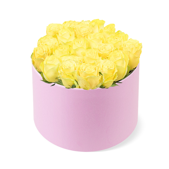 An elegant hat-box arrangement of yellow roses is shown in crisp detail against a spotless white background, evoking both luxury and light-hearted cheer. The flowers themselves are the star: a generous cluster of fresh yellow roses, likely numbering around two dozen, carefully positioned so that their heads sit close together, creating a lush, domed canopy of petals. Each rose displays the classic spiral form, with soft, velvety petals curling outwards in layers, the colour shifting gently from a deeper, honeyed centre to paler, almost lemon-tinted outer edges. Small slivers of glossy green foliage peek from beneath the blooms, giving subtle depth without interrupting the sea of yellow. These radiant flowers emerge from a round, pastel pink hat box that feels deliberately minimalist yet undeniably luxurious. The cylindrical box has a matte finish, suggesting a tactile, suede-like surface you could imagine brushing your fingertips across when the arrangement is delivered to a Clerkenwell office or apartment. Its soft blush tone complements the bright roses, bringing a tender, romantic undertone to a bouquet that otherwise radiates joy, friendship, and celebration. Illuminated by even, neutral light, the arrangement casts only the faintest shadow, allowing every petal edge and curve to stand out clearly against the clean white field. The overall mood is one of thoughtful gifting-a piece that would sit beautifully on a dining table overlooking St John Street or on a work desk near Old Street, symbolising happiness, appreciation, and encouraging new beginnings. It feels both modern and timeless, like a carefully chosen present from a trusted local florist who understands the understated elegance favoured in Clerkenwell.