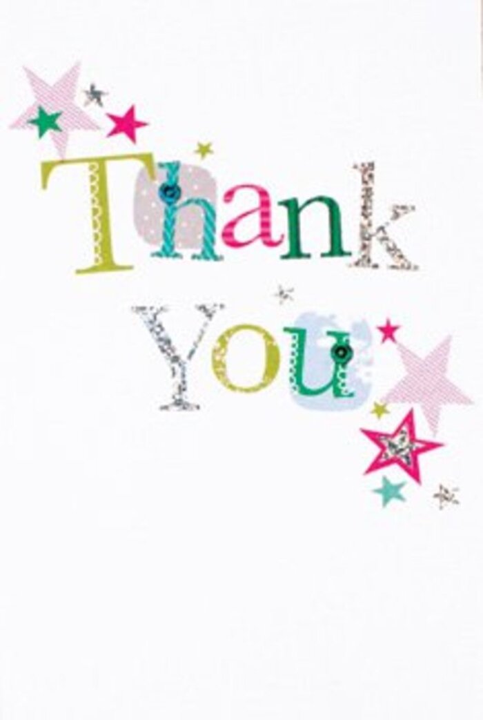 The card's typography and tiny embellishments create a quietly exuberant presence that feels modern and handcrafted at once. Each letter of Thank You carries its own mood - a whimsical dotted character here, an elegant, almost musical curve there - coloured in saturated lime green, gleaming fuchsia and a calming cool blue, with occasional bands of sunny yellow and cheery blue threading through. Some letters are touched with a silvery metallic sheen; others display tiny stitched details that suggest a stitcher's care or a maker's hand. Groupings of stars - some striped in sparkling pink, others washed in deep turquoise or a soft silver sheen - cluster near the message as if giving it an extra blessing, while the immaculate white background permits every tiny stripe, sparkle and stitch to read clearly and brightly. The composition feels airy and contemporary, with a hint of festive stardust that lifts the sentiment without making it gaudy. As a florist familiar with the rhythms of Clerkenwell and nearby Spa Fields, I imagine this card nestling against a sunlit bouquet on a walk back from Exmouth Market, its texture echoing the ribbon and the paper we choose for hand-tied posies. From a craft perspective the card is the perfect closing note to a floral gift: tactile, sincere, and thoughtfully designed to make a recipient pause and smile.