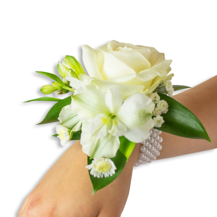 An artful wrist corsage set against a simple white background, shown on a pale-skinned wrist entering the scene from the lower right and angled toward the centre, feels quietly ceremonial and refined. Central to the arrangement is a creamy ivory rose whose outer petals peel back in a gentle, velvety sweep; the bloom holds a soft, luminous warmth that anchors the design. Slightly below and to the left a trumpet-like white bloom-reminiscent of alstroemeria or a small lily-spreads open with subtly ribbed petals and a pale lime-green throat that introduces a soft, botanical contrast. Small, bright green buds peek through the arrangement, their taut, promising forms paired with fine sprays of baby's breath that float like mist among the larger flowers. Near the lower edge a cluster of petite daisy-shaped white flowers, each with a tiny golden-yellow centre, adds a sweet, informal note. The flowers are cushioned and framed by broad, dark green leaves with glossy, waxy textures that provide depth and a living backdrop to the whites. A multi-strand pearl bracelet-the beads uniformly round and softly reflective-wraps the wrist and secures the composition, its cool smoothness complementing the petals' softness. I see this corsage suited to a bride stepping out from a quiet ceremony near Farringdon Road or a prom-goer walking past Smithfield Market: crafted with steady hands, smelling faintly of fresh-cut petals, and designed to sit comfortably through vows, dances, and photographs with a look of timeless elegance.