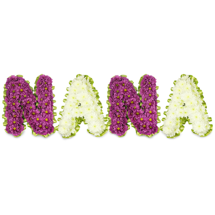 A bespoke memorial spelling of NANA occupies the frame, each letter formed as a compact, three-dimensional cluster of small chrysanthemum-style blooms against an immaculate white background. The first and third letters are composed of deep purple-mauve or magenta chrysanthemums, their densely packed petals creating a lush, pillow-like texture punctuated by tiny yellow centres. The two A letters alternate in pristine white or cream chrysanthemums, offering a soft, serene contrast that feels both elegant and consoling. A lively lime-green border - either fine pleated ribbon or closely arranged foliage - outlines each letter, the undulating edge adding a fresh, verdant highlight that helps each character hold its shape when viewed from a distance. The overall workmanship is precise: blooms wired and set to give uniform density, edges smoothed for a clean silhouette, and a subtle fragrance that is cool and green rather than heady. Light falling across the layout reveals the careful layering of heads and the slight shadows that give the word real depth, making it suitable for display on a chapel easel, near a graveside, or at a family home prior to a service. As an arrangement suited to memorials in and around Clerkenwell Green and St John's Square, it reads as a tender, readable message of love and respect for a grandmother - a floral signature that offers comfort in quiet colour and considered craftsmanship.
