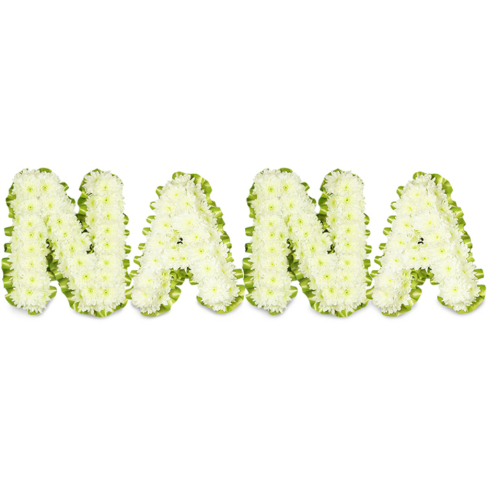 A poignant funeral tribute arranged to read NANA in bold, three-dimensional letters, positioned against a stark white surface that accentuates the composition's purity. Each letter is crafted from a dense carpet of pristine white chrysanthemums - the small, round blooms packed tightly so their layered petals create a soft, sculptural plane with gentle undulations across each character's face. Bright, uniform lighting reveals the crisp contours and highlights the meticulous placement of each floret, giving the letters a substantial, almost cushion-like presence. Encircling every letter is a distinct, lively green border - whether formed from fresh foliage or a carefully pleated ribbon - which provides a sharp, natural contrast and helps each character read clearly from a distance. The green trim reads like a statement of continuity and newness against the serene white blooms, a visual metaphor for comfort and renewal. The tribute reads as both a dignified public display for a memorial service and a personal offering left at a graveside, evoking the gentle gravity of loss and the warmth of remembrance. As a local florist familiar with Clerkenwell's funeral traditions - from services near Clerkenwell Green to gatherings at Spa Fields chapels - I recognise the arrangement's balance of craftsmanship and sentiment: restrained, respectful, and quietly consoling, created to honour a beloved grandmother with clarity and care.