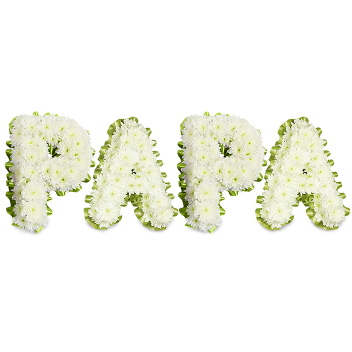 A composed and reverent floral memorial displaying the name PAPA in four uppercase letters, each letter expertly formed from tightly grouped, pristine white chrysanthemums or similar small white blooms. The surface of every character shows a slightly domed, textured sweep of petals that captures light softly against a clean white background, so the composition reads with serene clarity. The perimeter of each letter is edged with a pale, ruffled green ribbon that traces the outline in a continuous wavy line, producing a crisp contrast between the pure white centres and the fresh green frame. Delicate green stems and foliage are tucked into the margins, lending a suggestion of natural depth and a subdued, botanical accent without detracting from the solemn simplicity of the piece. The scent is faintly floral and comforting, the presentation dignified - ideal for funeral chapels, memorial services or graveside placement for a cherished father or grandfather. Crafted with steady hands and an eye for proportion, this tribute reflects traditional funeral floristry values and would be appropriate for services at local venues near the Barbican or St John's Church, or for delivery to family homes throughout Clerkenwell and surrounding streets. Overall, the arrangement communicates love, respect, and remembrance through classic white blooms and a soft green frame, offering a gentle, lasting symbol of farewell.