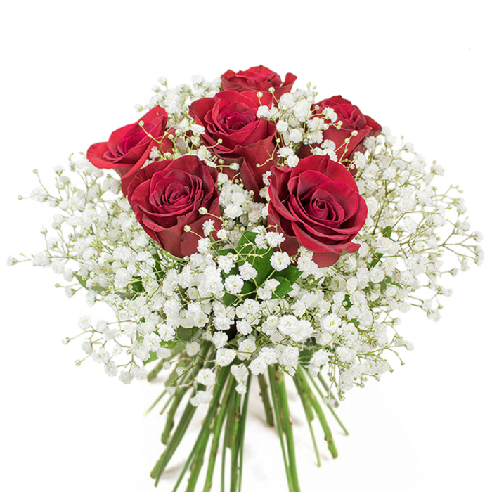 As a florist who arranges blooms for clients across Clerkenwell and Farringdon, I recognize the familiar harmony of about eighteen to twenty deep-red roses embraced by clouds of white gypsophila. The roses here are chosen for their rich, velvety petals and fully opened heads-each petal layering into a soft, crimson spiral-while the baby's breath whispers between them in tiny, almost translucent clusters that lighten the composition and invite touch. The bouquet is constructed into a rounded, compact form so that its visual weight is concentrated, offering a tactile contrast between the smooth, plush surfaces of the rose petals and the feathery, whisper-light tufts of the gypsophila. Set in a clear glass vase on a stark white field, the arrangement becomes elegantly honest: long green stems are plainly visible through the glass, their straight lines and occasional leaf scars grounding the airy blossom mass above. Light plays across the arrangement much like morning through the windows of a Clerkenwell studio-gentle, bright, and revealing of subtle veining on the petals-while the scent profile is unmistakable, a soft classical rose note with fresh green undertones. This bouquet carries a tone of quiet devotion, suitable for anniversaries, declarations of love, or as a graceful celebration delivered to a home near Clerkenwell Green or an office on Farringdon Road. Its craftsmanship is simple and sincere, a piece that honours both the language of traditional romance and the practical rhythms of local floristry.