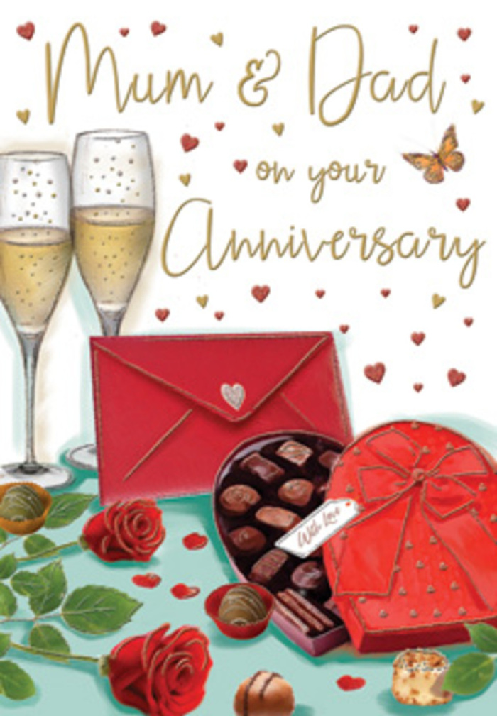 This richly detailed anniversary card illustration unfolds like a still life arranged by a thoughtful Clerkenwell florist preparing a surprise for devoted parents. A pair of elegant champagne flutes stands at the centre, their tall, slender shapes catching soft reflections as golden bubbles rise within, evoking the soundless clink of a toast made in a cosy flat off Clerkenwell Road. On the table beside them lies a sumptuous heart-shaped box of chocolates, its vibrant red lid tipped open to reveal an assortment of glossy truffles and pralines, each one nestled in its own little cradle, suggesting moments of sweetness savoured slowly. The box is crowned with a luxurious red ribbon, the bow's loops and tails rendered with a sense of movement, as if it has just slipped from someone's fingers. Two rich crimson roses recline on the tabletop, their velvety petals layered and full, accented by fresh green foliage that adds depth and contrast, reminiscent of classic anniversary bouquets ordered for same-day delivery around Exmouth Market. Scattered chocolate pieces glint softly against the surrounding surface, while tiny red and gold hearts float across the background, encircling heartfelt Mum & Dad lettering in a warm, handwritten style. A striking red envelope, sealed and slightly angled, hints at a private message filled with memories and thanks. Subtle highlights across the glass, satin ribbon, and smooth chocolate surfaces create a gentle, romantic glow, as though the scene is illuminated by lamplight on a quiet evening at home. The composition speaks of shared history, simple luxuries, and the comforting ritual of marking another year of love together.