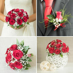 This four-image wedding collage captures a cohesive red rose and baby's breath theme that would feel perfectly at home in an intimate Clerkenwell ceremony or reception along St John Street. In the top-left panel, a bride in a classic white lace gown holds a rounded, luxurious bouquet close to her waist. The bouquet is densely packed with velvety, rich red roses, every bloom open and romantic, softened by small clouds of white baby's breath nestled between the petals. Subtle flashes of green leaves peek through, deepening the colour contrast and giving the arrangement a timeless, elegant silhouette. The top-right panel moves in close to the groom's chest, where a single red rosebud boutonniere sits precisely on the lapel of a charcoal-grey suit jacket. That rose is surrounded by dainty sprays of gypsophila, fine green leaves, and strands of decorative grass, all tied with a neat red satin ribbon that coordinates with his bright red tie, echoing the bridal bouquet. In the bottom-left image, another rounded bouquet of red roses and abundant baby's breath lies gently on a light grey, textured surface, its stems bound together with red-and-white striped twine, showcasing thoughtful hand craftsmanship. The bottom-right panel presents a charming reception centerpiece: a tight dome of red roses and gypsophila perched on a white, spherical vase made from intricately woven strips that create an airy lattice. Two smaller decorative woven spheres in an off-white tone sit at its base, bringing a contemporary, textural detail that would suit a Clerkenwell loft-style wedding, seamlessly extending the red-and-white floral story onto the tables.