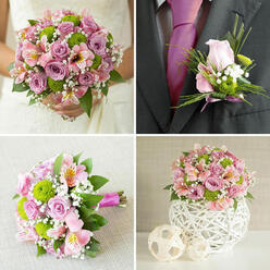This four-part image captures a complete wedding flower story, the sort of cohesive look often requested for intimate ceremonies around Clerkenwell Green or stylish receptions tucked off Farringdon Road. In the top-left panel, a bride in an elegant white lace dress is partially visible, her focus clearly the bouquet she holds close. The design is lush and rounded, filled with light pink and soft lavender roses, bright lime-green button chrysanthemums, pale pink alstroemeria petals lightly brushed with yellow, and airy white baby's breath, all supported by glossy green foliage that gives the bouquet a fresh, just-arranged feel. The top-right panel shifts to a groom's charcoal grey suit, where a carefully crafted boutonniere sits against a vivid fuchsia tie. It features a single blush-pink rosebud, a couple of bright green chrysanthemum buttons, wisps of gypsophila, and slender blades of decorative grass, secured with a neat pink ribbon that echoes the bridal flowers. Below left, the bridal bouquet is shown again from a side angle, lying on a softly textured beige cloth, allowing every stem and bloom to be appreciated: the round form, the balance of colour, and the tidy ribbon wrap speak of attentive florist hands. In the lower-right panel, a coordinating centerpiece rests on a white surface: the same mix of pink and lavender roses, green chrysanthemums, pink alstroemeria, and baby's breath forms a compact globe of flowers, set into a white spherical vase with an intricate woven pattern. Two smaller woven decorative spheres sit nearby, completing a calm, contemporary table setting that would feel at home in a Clerkenwell loft venue.