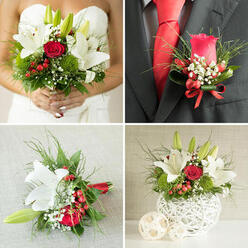The bridal bouquet lies on a soft, neutral cloth, its carefully arranged flowers creating a striking yet graceful composition. White lilies, some fully open and others still in bud, form the main structure, their wide, curved petals fanning out like delicate wings. Alongside them, a single red rose introduces a deep, heartfelt note of colour, its tightly layered petals evoking memories, vows, and quiet declarations of love. Scattered among the main blooms are clusters of red hypericum berries, small and luminous, their smooth surfaces catching the light and adding weight and texture to the design. Surrounding these elements, slender strands of greenery sweep in easy arcs, framing the flowers with a sense of movement that feels organic, reminiscent of leaves stirred by a breeze slipping along Clerkenwell's cobbled side streets. Baby's breath is threaded delicately throughout, its tiny white flowers creating a gentle haze that lightens the arrangement, giving it a romantic, almost dreamlike aura. The bouquet's stems are gathered neatly and wrapped, forming a tidy, tactile handle that suggests security and comfort when gripped by the bride. The soft lighting casts subtle shadows and highlights, making the whites appear creamy and the reds almost velvety, while the green foliage retains a fresh, cool tone. It is easy to imagine this bouquet being carried through a ceremony in a Clerkenwell townhouse venue or a modern city chapel, then placed carefully on a table beside glasses and handwritten place cards. The overall impression is of a thoughtfully composed, emotionally resonant bouquet, created for that moment when two people promise to share the future together.