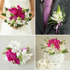 This four-panel wedding collage presents a cohesive floral story, as if following a couple from a quiet Clerkenwell ceremony to a candlelit reception near St John's Square, all styled with the same vibrant mix of fuchsia peonies and white alstroemeria. In the top-left frame, the bride's torso is shown in a clean, strapless white gown; her hands cradle a full, rounded bouquet with deeply layered magenta peonies, bright white alstroemeria delicately speckled in maroon, and light green spiky blooms that add movement and texture. Deep green leaves encircle the flowers, giving the bouquet a lush, garden-picked feel while still feeling polished and bridal. The top-right image focuses close on the groom's dark charcoal suit, where a small boutonniere is fastened to the lapel beside a smooth lavender tie. The cluster features white alstroemeria, wisps of green, and a few needle-fine accents, all tied with a lavender satin ribbon that subtly echoes the bride's bouquet. In the bottom-left, a smaller hand-held bouquet or toss posy rests on a softly textured beige fabric, repeating the same colour story-fuchsia peonies at the heart, white alstroemeria, and crisp green foliage-bound neatly with a lavender ribbon wrap at the stems. The bottom-right shows a compact table arrangement in a sculptural white sphere-shaped vase made of woven, crisscrossing material, surrounded by three lighter beige decorative orbs. The flowers fill the vase in a low, rounded dome, ideal for wedding breakfast tables in a Clerkenwell loft or intimate restaurant, uniting personal flowers and décor into one harmonious design.