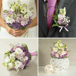 A hand-tied wedding bouquet is captured in mid-rest, perhaps laid briefly on a table in a Clerkenwell townhouse between photographs, its colours reminiscent of first light over St John Street. The shape is considered yet relaxed, gently rounded and easy to cradle, as if inviting the bride's hands. White lisianthus blooms dominate the scene, their velvety petals unfurling in soft layers like silk ribbons, partnered with cloud-like clusters of pale hydrangea that add fullness and a dreamy, romantic volume. Threaded between these softer forms are playful bursts of lilac allium, their tiny star-shaped florets gathered into spherical heads that bring a sense of quiet joy and contemporary flair. Crisp greenery snakes through the design, some leaves arching outward to give movement and line, others snuggling close to the wrapped stems for contrast in texture. Light rests on the bouquet in gentle highlights, making the whites and lilacs glow while soft shadows deepen the pastel tones, as if the bouquet were briefly caught near a sunlit window overlooking Clerkenwell Green. You can almost sense the cool, slightly damp touch of the stems and the comforting weight of the flowers in hand. The fragrance would be subtle, a clean blend of fresh petals and garden air, calming the flutter of pre-ceremony nerves. Designed for walking down the aisle, gracing a registry office stairwell, or resting beside the couple during a small gathering, this bouquet feels deeply personal-expertly arranged to echo enduring commitment while still reflecting the relaxed, creative character of central London life.