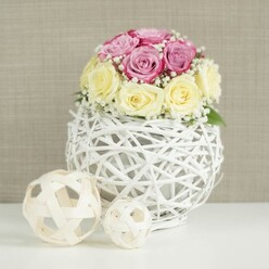 A romantic, modern centerpiece sits on a white tabletop, composed of a compact dome of roses nestled into a sculptural white wicker sphere, reminiscent of the creative studios around Clerkenwell Road. The bouquet features roughly a dozen roses in two harmonising shades: soft pastel pink, leaning towards fuchsia-lavender, and a smooth creamy yellow that melts gently into ivory. Each rose is carefully placed so the petals overlap and swirl, some buds still tight while others have unfurled into generous rosettes, giving the piece a sense of fullness and quiet luxury. Fine sprigs of white baby's breath weave through the roses, their tiny clusters of blossoms adding delicate texture and a cloud-like halo, much like a light mist over Spa Fields on an early summer morning. The flowers are set in a rounded vase crafted from thin white branches or wicker, interlaced into an airy open-weave design that feels both rustic and contemporary, allowing slivers of shadow and depth to show through. Resting to the left on the same smooth white surface are two decorative rattan-style balls in natural pale wood tones, one medium and one small, echoing the woven theme and adding a tactile, organic note. The background is a softly textured beige or taupe wall that reads as warm linen, providing a gentle contrast that makes the blush and cream petals glow. This serene composition feels ideal for a wedding table, anniversary dinner, or stylish home in Clerkenwell, with the arrangement suggesting the kind of thoughtful floral styling that might grace an intimate celebration tucked just off Exmouth Market.