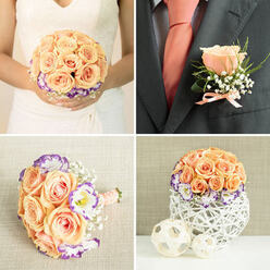 Across four coordinated panels, this image series tells the manageable, heartfelt story of a peach-and-purple wedding palette prepared for a small Clerkenwell celebration. In the top-left frame the bride holds a compact, rounded bouquet whose centre is a concentrated cluster of pale peach roses; each rose is dense and fresh, its velvety curve catching soft daylight that might filter through a Clerkenwell townhouse window. Surrounding these are white lisianthus edged in lively violet and delicate sprays of baby's breath that add air and movement; the stems are bound in a blush ribbon, hints of pearly pins catching the light. The top-right frame focuses on a groom's boutonniere on a dark charcoal jacket, where one prominent peach rose is offset by fine greenery and tiny gypsophila, tied with a peach ribbon that mirrors the groom's solid peach tie beneath the lapel - a small, confident accent that unites the couple's look. Bottom-left shows a slightly smaller hand-tied bouquet resting on a neutral, textured fabric; this compact arrangement, with its ribbon-wrapped handle and subtle vintage-style pins, reads as a bridesmaid's posy or a keepsake toss bouquet. The bottom-right panel presents a rounded centerpiece: the same peach roses, purple-edged lisianthus and baby's breath arranged into a dome and set within an open, white woven vessel, accompanied by two light decorative spheres for a refined table vignette. The overall mood is calm, intimate and artisanal - the sort of carefully matched florals Clerkenwell Flowers might craft for weddings around Leather Lane or St John's Gate, offering a coherent, elegant aesthetic across bridal, groom and reception pieces.