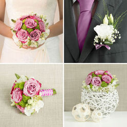 A softly lit wedding scene shows a hand-tied bouquet and a matching boutonnière, carefully styled for a couple preparing to marry somewhere around Clerkenwell's cobbled lanes. The bouquet is dominated by mauve-pink roses, their petals layered like watercolour brushstrokes, with slightly curled edges that look almost airbrushed. Tucked between the roses are neat green button chrysanthemums, their tiny domes dense and textured, giving a playful contrast to the smoothness of the rose petals. Creamy white lisianthus and other pale blooms weave through the design, their frilled petals adding a feather-light touch and a dreamy sense of depth. The arrangement is rounded but not rigid, that modern classic style you might carry from a ceremony near St John Street straight to a reception in a nearby warehouse venue. Bright ribbon is wrapped tightly around the stems, creating a neat band of colour that visually anchors the bouquet and offers a comfortable, slip-free grip. Light seems to skim across the tops of the petals, making them glisten as if still kissed with early-morning dew from a local flower market. The boutonnière, made from a single elegant white blossom accented by wisps of greenery and a hint of lavender detail, echoes the bouquet without overwhelming it. It sits poised to be fastened to a lapel, adding a small but significant flourish to the groom's suit. The overall mood is joyful yet composed, like a quiet pause before the music starts, capturing the essence of a wedding morning unfolding in and around Clerkenwell.