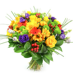 Set against a clean white backdrop, this dense, rounded bouquet appears almost to float, its colours and textures taking centre stage like a miniature garden gathered from the streets around Farringdon and Clerkenwell Green. The design is led by sunny yellow tones: classic yellow roses with tightly curling petals nestle alongside generous yellow chrysanthemums, their many-petalled faces suggesting warmth and optimism. Bursts of orange gerbera daisies and smaller orange daisies punctuate the bouquet, each bloom adding a spirited, tangerine-bright accent that feels as lively as the nearby cafes and markets. Threading through this warm palette are deep purple lisianthus blooms, some softly unfurling, others still cupped, giving the arrangement a refined, almost romantic depth. Lime-green button chrysanthemums dot the interior like playful beads, their spherical shapes and vivid hue lending a fresh, contemporary twist. Scattered clusters of glossy, red hypericum berries glint among the petals, introducing a festive texture that hints at celebration and special moments shared across Clerkenwell offices and townhouses. Fine, arching blades of ornamental grass spring from the bouquet, creating gentle movement and airiness above a sturdy base of dark green foliage that frames and supports the central flowers. The stems are tied at the bottom, confirming this as a hand-crafted, ready-to-deliver bouquet. The overall impression is one of joyful abundance, an uplifting arrangement suited to brightening a work desk near Old Street, welcoming guests at home, or conveying sincere congratulations and gratitude.