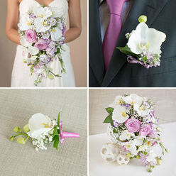 A refined four-panel collage presents a coordinated wedding flower collection in a romantic pink, lavender, and white palette, evoking the understated luxury of a Clerkenwell celebration. In the top-left panel, only the torso of the bride is visible, her strapless white gown forming a calm backdrop for a cascading bouquet that drapes beautifully over her hands. White phalaenopsis orchids arc downward in long, fluid lines, interwoven with blush garden roses, soft lavender tones, tiny clusters of baby's breath, and trailing greenery that gives the bouquet a sense of movement, like petals caught in a gentle breeze over Spa Fields on a summer afternoon. The top-right panel zooms in on the groom's dark grey suit, where a single white orchid boutonniere is pinned with precision. Around the orchid, little lavender filler flowers and neatly arranged green leaves are gathered and tied with a slim purple ribbon, subtly mirroring his magenta tie for a cohesive, thoughtfully styled look. Below, in the bottom-left panel, another boutonniere is laid out on a subtly textured beige fabric, almost like something you'd see in a design studio off Clerkenwell Road. A partially opened white phalaenopsis bud sits at the centre, accented by white baby's breath and a whisper of greenery, all finished with a bright pink ribbon that adds a joyful, contemporary twist. The bottom-right panel features a cascading centerpiece arranged in an intricate white woven vase, overflowing with white orchids, pink and lavender roses, purple filler flowers, and baby's breath, with three white woven decorative spheres beside it on a clean white surface, creating a harmonious, modern-meets-romantic tableau ideal for a stylish London wedding reception.