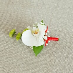 On a pale beige linen-like cloth, softly textured and evenly lit as though by natural daylight filtering through a Clerkenwell studio window, rests an elegant wedding boutonniere composed with clear, confident craftsmanship. The focal point is a flawless white Phalaenopsis orchid, its generous petals velvety and gently curved, creating a sculptural silhouette against the neutral background. At the centre of the orchid, creamy yellow tones deepen into light reddish-orange speckles, giving the throat of the flower an intricate, almost painted quality that rewards close attention. Surrounding this central bloom, fine sprays of white baby's breath float like tiny stars, their countless miniature blossoms adding a misty, romantic softness that tempers the orchid's bold shape. To the left, two round lime-green chrysanthemum-style pom-poms, densely packed with narrow, upright petals, bring a sharp burst of colour and contemporary flair reminiscent of the fresh greenery found in local Clerkenwell flower stalls. A broad, glossy green leaf sits just beneath the orchid, cupping the arrangement, while a smaller, darker leaf at the base provides additional depth and structure. The stems are gathered tightly and wrapped with a vivid crimson satin ribbon that circles them in smooth, overlapping bands, ending in a precise little bow or knot that signals celebration without overwhelming the delicate flowers. The finely woven background fabric, with its subtle grain and natural look, frames the boutonniere like a minimalist canvas. This image conveys the quiet excitement of a wedding morning, capturing a refined floral accessory that could be pinned to the lapel of a groom heading to say his vows in one of Clerkenwell's historic venues or chic converted warehouses.