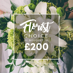Entering Clerkenwell Flowers' display, you are drawn to a stunning Florist Choice bouquet that blends classic grace with modern precision. Two dominant white lilies rise at the heart, their large petals unfurling with quiet radiance, surrounded by softly layered white blooms such as ranunculus or spray roses that lend cloudlike fullness. Bright lime-green accents-textured clusters reminiscent of Green Trick dianthus or compact hydrangea-punctuate the arrangement, giving it a fresh, contemporary heartbeat. Deep green foliage, including eucalyptus and ruscus, creates a generous base and a sense of garden abundance. The hand-tied bouquet is held by a person in pale attire, with a blurred backdrop hinting at a Clerkenwell wedding along St John's Gate or Charterhouse Square. A clean white rectangular frame overlays the bouquet, carrying the Florist Choice script at the top, the uppercase BOUQUET in the middle, and the large ?200 price at the bottom, signaling premium craft. The cool scent of lilies mingles with the crisp green notes as you imagine the moment of giving, and the soft petals yield under a gentle touch, inviting curiosity and care. This image communicates more than a pretty arrangement; it suggests a thoughtfully curated gift for weddings, anniversaries, or corporate gifts, offered by Clerkenwell Flowers with dependable same-day delivery across Clerkenwell, Holborn, Barbican, and nearby streets where couples exchange vows and friends toast new beginnings. Its craftsmanship speaks to the neighbourhood's enduring craft traditions, rooted in Clerkenwell's markets, studios, and sunset deliveries.
