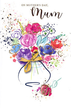 This Mother's Day card features a vibrant, floral watercolour illustration that unfolds across the page like a freshly imagined bouquet. At the centre, vivid cerise and deep pink blooms bloom in loose, rounded clusters, their petals edged with rich indigo strokes that give depth and gentle definition. Cooler notes of soft blue and lavender weave between the warmer tones, calming the composition in the way an evening stroll through Clerkenwell Green softens a busy London day. Fine lines of metallic gold skim over selected petals and leaves, adding a refined shimmer reminiscent of sunlight catching glass in a nearby café window. The flowers gather into an implied vase form at the base, fluid and curving, with a small golden bow suggesting the careful finishing touch a nearby Clerkenwell florist might tie on a hand-tied bouquet. Around the arrangement, playful splatters of colour and tiny hearts drift and settle, evoking petals tossed in celebration or the echo of shared laughter at a family gathering. The white background stays open and uncluttered, so every brushstroke and hue can breathe, creating a feeling of space, light, and ease. The whole card radiates softness and joyful intent, as though the artist painted with memories of breakfasts in bed, quiet chats on Exmouth Market, and years of everyday kindness. It becomes more than a simple greeting: it is a paper bouquet, full of movement and feeling, designed to carry a heartfelt "thank you, Mum" across Clerkenwell and beyond.