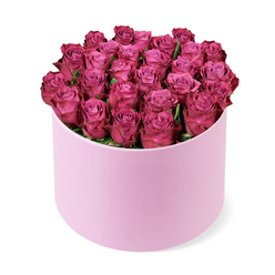 Soft morning light seems to pause when this domed cluster of roses wakes within a pastel pink hat box. Dozens of fresh roses in a deep fuchsia or magenta shade are packed tightly, creating a dense, cushion-like bloom that fills the round container and nudges its top edge with luxurious abundance. The petals display a gentle range of tones, from lighter pink centers to rich jewel tones at the rims, like a sunset caught in velvet. Only a touch of dark green foliage peeks through here and there, preserving the uninterrupted sweep of colour and form. The box itself wears a smooth, matte finish with a subtle velvet feel, a refined base that lets the roses take the lead as the true stars of the arrangement. The image is captured from a slightly elevated angle against a crisp white backdrop, turning the bouquet into a confident statement of elegance, romance, and premium craft. This is the sort of gift that signals celebration-anniversaries, milestone birthdays, or a declaration of love-presented with an artisan's care. In Clerkenwell, deliveries can reach nearby streets such as Old Street, Clerkenwell Green, and Exmouth Market with same-day service, making it easy to surprise someone special with a sophisticated, contemporary bloom experience. The scent of fresh petals lingers in the air, a hint of spring. The weight in the hand and the velvet-soft box speak of considered design and lasting memory.