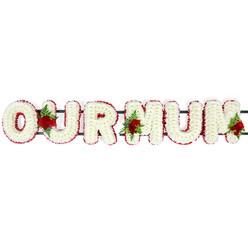 A refined funeral letter tribute spelling out "OUR MUM" is arranged in a straight line, photographed against a plain, bright white backdrop that draws attention to the craftsmanship of the flowers. Each individual block letter is completely covered with hundreds of small white chrysanthemum heads or similar tightly packed blooms, forming a dense, plush texture that looks almost like white velvet. Around the edges of every letter is a clear, continuous border of deep red spray flowers, delicately frilled and placed edge to edge to outline the shapes with precision. This rich red edging gently frames the pure white centre, bringing depth and definition to the wording in a calm, respectful way. Linking the letters together, dark green metal or wooden bars can just be seen at the back, suggesting a secure frame ready to be displayed at a funeral service in Clerkenwell, perhaps in a local church or at a memorial gathering in one of the nearby venues. Three small yet striking groupings of red roses, accented with lush green foliage, are tucked into the white floral base: one between the "O" and "U", another between the "U" and first "M", and a final cluster resting near the end of the last "M". The roses' deep crimson colour and layered petals convey a heartfelt, enduring love for a mother, while the greenery adds movement and a touch of natural wildness. The overall effect is one of serene elegance and deep emotion, a traditional "OUR MUM" floral arrangement that would bring a quiet, comforting presence to a farewell in the Clerkenwell area.