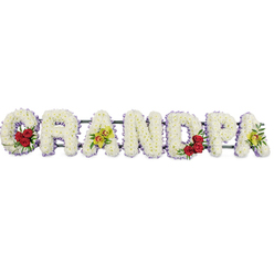 A carefully composed funeral tribute spells out GRANDPA in large, block capitals, each letter covered in a thick carpet of small white chrysanthemums that create a soft, almost velvety surface. Set against a spotless white background, the arrangement appears to float, the connecting metal bars and discreet frame just peeking through to show how the letters are held together in a straight, dignified line. Around the outside of every letter, a narrow border of pale lavender ribbon provides a gentle outline, like a soft shadow or the last light over Clerkenwell rooftops on a quiet evening. The heart of the design lies in its accents: at the open curve of the G and again in the round of the D, a cluster of deep red roses is tucked in amongst lush greenery, their rich colour and layered petals suggesting deep affection and family pride. On the third letter, the first A, and on the final A that completes the word, bright yellow-green orchids with delicate reddish markings add a light, refined touch, as if nodding to a grandfather's unique character or favourite walk through nearby Farringdon or St John Street. The balance of white, red, and orchid green is both restrained and expressive, ideal for resting beside a coffin during a service or at a crematorium chapel serving the Clerkenwell community. The overall mood is one of quiet honour and remembrance, the sort of bespoke floral lettering a local florist crafts with care when a family wants to say farewell in a way that feels truly personal.