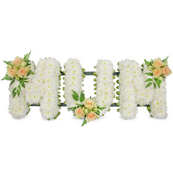 In this carefully composed sympathy tribute, the word MUM is shaped from three generous block letters, each one meticulously covered in immaculate white spray chrysanthemums. The flowers are arranged so closely that they form a smooth, cushion-like surface, with the countless tiny petals creating a gentle, rippling texture across the letters. The arrangement sits against a bright, uncluttered white background, which makes every curve and corner of the lettering stand out with clarity. Subtle dark green edging, likely floral ribbon on a sturdy frame, peeks through at the outer contours, giving the piece a crisp outline and steady form. Soft peach and blush pink roses are gathered in three elegant clusters, introducing warmth and tenderness. One cluster crowns the upper left of the first M, another rests thoughtfully at the base of the central U, and a final grouping graces the top right of the last M, forming a calm, rhythmic pattern along the tribute. Each cluster blends open roses, tight buds, and sprigs of lush greenery, including feathery ferns and broader leaves, which lend a natural, garden-fresh feel. The overall impression is one of quiet love and lasting respect, with the pure white chrysanthemums symbolising peace and the rosy accents expressing gratitude and remembrance. It looks like the kind of bespoke funeral arrangement lovingly prepared by a Clerkenwell florist serving local families around Farringdon Road and Spa Fields, designed to lie beside the coffin or on a stand at a crematorium chapel, offering a gentle, dignified goodbye to a cherished mother.