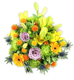 This densely packed floral bouquet, photographed on a crisp white surface, balances exuberance with refined detail. Several bright yellow Asiatic lilies dominate the silhouette, some opened wide to show freckled petals and pollen-bearing stamens, others held as elongated buds that promise to unfurl. Pale lavender roses are nestled central to the design, their powdery petals offering a soft, romantic hush amid the louder tones. Bold orange Gerbera daisies provide joyful focal points with broad, flat petals fanning out from darker centers, while lime-green button chrysanthemums form plush, textured cushions that fill and shape the mound. Interspersed throughout are small, globular orange-gold accent flowers-reminiscent of Craspedia or similar pom-pom accents-which bring playful, spiky punctuation. Distinctive blue-grey sea thistles (Eryngium) appear along the edges, their star-like bracts and metallic tones lending a contemporary, slightly wild feel. Varied foliage, from broad glossy lily leaves to fine, airy fillers, wraps the stems and creates natural movement. The whole arrangement feels warm, convivial, and carefully considered: a bouquet that would brighten a Clerkenwell kitchen table or act as a centerpiece for a celebration at a nearby café on Exmouth Market. Crafted with neighbourhood sensibilities and ready for local delivery across Clerkenwell and nearby Farringdon, this composition is the kind a trusted local florist might recommend for birthdays, congratulations, or an uplifting get-well gesture - arranged here with the care you'd expect from Clerkenwell Flowers.