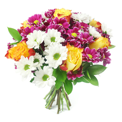 A joyful, mixed flower bouquet fills the frame against a pristine white background, its colours and textures reminiscent of a cheerful delivery weaving through the streets of Clerkenwell. The arrangement is tightly gathered into a rounded, dome-shaped cluster, with blooms layered so closely that they create a rich, tapestry-like surface. Dominating the composition are opulent bi-colour roses, fully opened to reveal golden yellow hearts that gradually melt into deeper orange and subtle reddish tones at the petal tips. These roses bring warmth and a sense of classic romance, as if they could be placed on a café table along St John Street. Around and between them, fresh white daisy chrysanthemums unfurl their smooth petals around bright lime-green centres. These vivid centres provide sharp, zesty points of contrast, making the whites appear even clearer and more luminous. Threaded throughout the bouquet are clusters of smaller magenta and fuchsia chrysanthemums, their dense, layered petals creating rounded, button-like blooms with yellow-green cores. Their intense colour adds depth and a slightly playful edge, balancing the elegance of the roses. Glossy, dark green foliage frames and supports the flowers, its rich tone bringing out the brightness of each blossom and adding a natural, garden-inspired structure. Beneath the colourful dome, the gathered stems are neatly cut and bound, clearly visible against the white background and suggesting that the bouquet is freshly prepared and ready for a vase. The overall impression is one of happiness, gratitude, and quiet celebration, perfect for marking milestones, welcoming new beginnings, or sending a thoughtful surprise to someone in the Clerkenwell area.