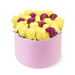 From a warm, intimate tone, this bouquet arrives in a round pale pink box with a soft matte finish that feels like velvet under the fingertips. The arrangement is a compact dome of roses, about 30-40 stems, with the majority being bright sunny yellow roses whose petals are just unfurling, releasing a light, honeyed fragrance that hints at summer and joyful mornings. Interspersed among these are deep burgundy or purple roses, adding a note of luxury and mystery as their petals spiral into tidy rosettes under the soft shop light. The box itself seems almost plush, its soft pink exterior cradling the blossoms as they press gently against the lid, while the white backdrop keeps attention on the color story. The bouquet exudes a celebratory spirit, perfectly suited for birthdays, anniversaries, or a heartfelt surprise that brightens a Clerkenwell home or desk at Hatton Garden. This design is crafted with care to ensure freshness for delivery; it is commonly available for same-day delivery across Clerkenwell, Farringdon, and Holborn, with careful packaging to protect the petals in transit. The visual balance between the sunny yellows and the deep purples creates a contemporary, affectionate statement-an ideal gift from a thoughtful friend, a mark of appreciation, or a lavish gesture for a milestone moment that calls for a luxurious touch of color.