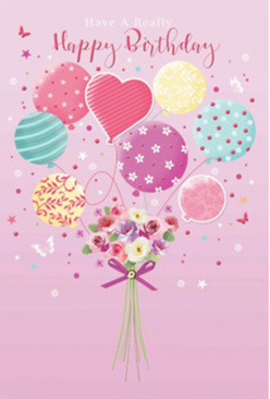This illustrated birthday card composition feels as if it has floated straight out of a joyful celebration in Clerkenwell, with pastel balloons and a dainty bouquet lifting the mood at first glance. The background is a smooth, powdery pink, like the soft evening sky above St John Street, providing a gentle stage for the artwork. In the centre, a cluster of balloons rises in a loose, airy bunch, their strings gathering down into a small posy of fresh flowers. Each balloon has its own personality: some are wrapped in candy-like stripes, others dotted with playful spots, while a few carry curving swirls that mimic ribbons caught in a breeze. The colour palette is deliberately light and comforting-blush pink, seafoam green, lemon yellow, hints of fuchsia, and lavender-creating an impression of confetti and birthday sweets. At the base, the flowers feel almost touchable, their petals softly layered and slightly ruffled, echoing the same colours as the balloons above. Creamy roses and neat, daisy-style blooms nestle together in a compact, hand-tied cluster, suggesting the kind of bouquet a local florist might prepare for same-day birthday delivery around Farringdon or Clerkenwell Green. Their imagined scent is gentle and sweet, like a vase of fresh flowers on the breakfast table. A narrow purple bow wraps around the stems, its satin sheen catching the light and adding a final note of elegance. The whole artwork radiates warmth, thoughtfulness, and quiet festivity-a card that doesn't shout, but instead softly celebrates the recipient with colour, movement, and floral charm.