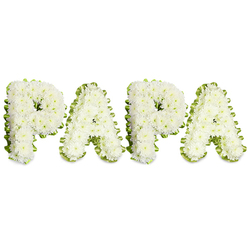 A carefully composed sympathy tribute spelling PAPA in large, uppercase lettering, each letter constructed from a dense, pillow-like mass of white chrysanthemums that create a soft, cloud-like surface. The flowers are arranged with deliberate attention to shape and texture so the letters remain clean and readable against a stark white backdrop, while the subtle shadows between petals give a gentle three-dimensionality. A folded pale green ribbon outlines each character, its wavy pleat forming a fresh, verdant border that contrasts the snow-white blooms and lends a refined, traditional finish. Small sprigs of light-green foliage are woven into the edges, adding depth and a hint of living colour beneath the floral surface. The arrangement carries a muted, comforting scent and conveys a restrained elegance appropriate for a funeral service, wake, or graveside committal. Made by Clerkenwell Flowers with local sensibility, this design reflects the care of a neighbourhood florist familiar with nearby chapels and venues around Smithfield Market, Farringdon Road, and Spa Fields; it is the sort of personalised memorial families request when they want to honour a beloved father figure with dignity. The balance of white and green signals peace, purity and remembrance, presenting a quiet, tactile declaration of love that supports mourners through the ritual of farewell in the heart of Clerkenwell.