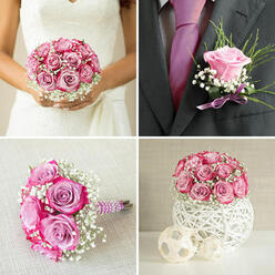 This bridesmaid's bouquet rests on a smooth expanse of cream-coloured linen, its gentle pastel hues radiating calm, like a quiet pause before the wedding procession begins in Clerkenwell. At its core, tightly clustered roses in lavender and soft pink create a rounded, hand-held form. Each rose is at a perfect stage of openness, the petals layered in concentric curls that give the flowers fullness without feeling heavy. Among the roses, fine sprays of white gypsophila weave through, their hundreds of tiny buds softening the overall outline, adding movement and a delicate, cloud-like effect. The stems are bound with a lustrous pink ribbon, wrapped tidily in a spiral from the base of the blooms down to where the hands would rest. Small pearl-like accents dot the ribbon, catching the light and adding a subtle shimmer that calls to mind bridesmaids' accessories seen in ceremonies around St John Street or venues near Farringdon. The creamy linen beneath is slightly textured, but understated, acting as a gentle canvas that allows the bouquet's colours to stand out without distraction. Under soft, natural lighting, the pinks and lavenders feel almost powdery, reminiscent of spring petals after a light morning rain. Imagining the moment, you can almost see this bouquet being lifted from the linen, cradled carefully as bridesmaids gather in a sunlit room. The design is balanced and thoughtful: romantic without being overly ornate, and refined enough to complement, rather than compete with, the bride's flowers. It conveys quiet joy, tenderness, and the shared anticipation that binds a bridal party together on such an important day.