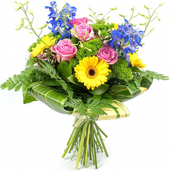 Set against a crisp white background, this hand-tied bouquet seems to float, its colours and textures carefully composed like a piece of floral art created in a Clerkenwell design studio. At its heart, several pink roses open gracefully, each layered petal soft and slightly curled at the edges, evoking tenderness and a sense of thoughtful gifting. Nestled around them, sunny yellow gerbera daisies with rich brown centres beam outward, their fine, radiating petals giving a sense of laughter, light, and easy conversation, much like a relaxed stroll along Clerkenwell Road. Taller stems of deep blue delphinium rise from the centre, their clustered florets adding cool elegance and creating a striking vertical accent that keeps the bouquet from feeling flat.   

Lush greenery frames the blooms from every side. Feathery fern fronds peek out at the lower edges, lending a natural, garden-picked softness, while broad, shiny tropical leaves are expertly curved around the base of the flower heads, forming a sculpted green collar. Some of these leaves carry faint lighter stripes, adding quiet detail when the light hits them. Between the focal blooms, dense pockets of vivid, textured green filler flowers provide volume and a fresh, almost dewy appearance, as if just gathered from a morning market near Farringdon. Slender, light green stems tipped with tiny buds reach upwards, adding movement and an airy finish. The gathered stems are neatly tied and encased in a pale cream or soft green wrapping, held with a modest bow that highlights the craftsmanship without distraction. This bouquet, ideal for deliveries across Clerkenwell and the surrounding streets, conveys a mood of joyful celebration with a modern, polished charm.