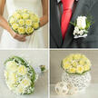 Captured in soft, natural light, this boutonnière reads like a miniature declaration of affection: a single pale yellow rose, velvety and fresh, is the attentive centrepiece, accompanied by whispery sprigs of gypsophila and a few delicate blades of green. The tiny greens introduce a slim, tactile contrast, their lance-shaped leaves adding a subtle architectural note that complements the rose's gentle roundness. The blossom is tied with a crisp white ribbon, its neat knot and tails offering a pleasant tactile counterpoint to the plush bloom; you can imagine the slight weight at the lapel and the cool touch of ribbon against fabric. Set against a smart black suit jacket and a vivid red tie, the boutonnière's soft hue becomes quietly striking - a calm, affectionate accent amid the brighter energy of a celebratory outfit. As a florist, I enjoy how these small details translate to emotion: the plushness of the rose suggests tenderness, the airy filler implies openness, and the whole piece feels made to steady a moment of nerves and excitement. I picture this pinned on a groom stepping out onto St John Street or passing a florist's window near Farringdon, the fresh scent of cut petals lingering as he walks. It's a compact, fragrant keepsake of the day, crafted to be both stylish and sincere, a tiny floral witness to vows and photographs.