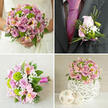 This four-part image captures a complete wedding flower story, the sort of cohesive look often requested for intimate ceremonies around Clerkenwell Green or stylish receptions tucked off Farringdon Road. In the top-left panel, a bride in an elegant white lace dress is partially visible, her focus clearly the bouquet she holds close. The design is lush and rounded, filled with light pink and soft lavender roses, bright lime-green button chrysanthemums, pale pink alstroemeria petals lightly brushed with yellow, and airy white baby's breath, all supported by glossy green foliage that gives the bouquet a fresh, just-arranged feel. The top-right panel shifts to a groom's charcoal grey suit, where a carefully crafted boutonniere sits against a vivid fuchsia tie. It features a single blush-pink rosebud, a couple of bright green chrysanthemum buttons, wisps of gypsophila, and slender blades of decorative grass, secured with a neat pink ribbon that echoes the bridal flowers. Below left, the bridal bouquet is shown again from a side angle, lying on a softly textured beige cloth, allowing every stem and bloom to be appreciated: the round form, the balance of colour, and the tidy ribbon wrap speak of attentive florist hands. In the lower-right panel, a coordinating centerpiece rests on a white surface: the same mix of pink and lavender roses, green chrysanthemums, pink alstroemeria, and baby's breath forms a compact globe of flowers, set into a white spherical vase with an intricate woven pattern. Two smaller woven decorative spheres sit nearby, completing a calm, contemporary table setting that would feel at home in a Clerkenwell loft venue.
